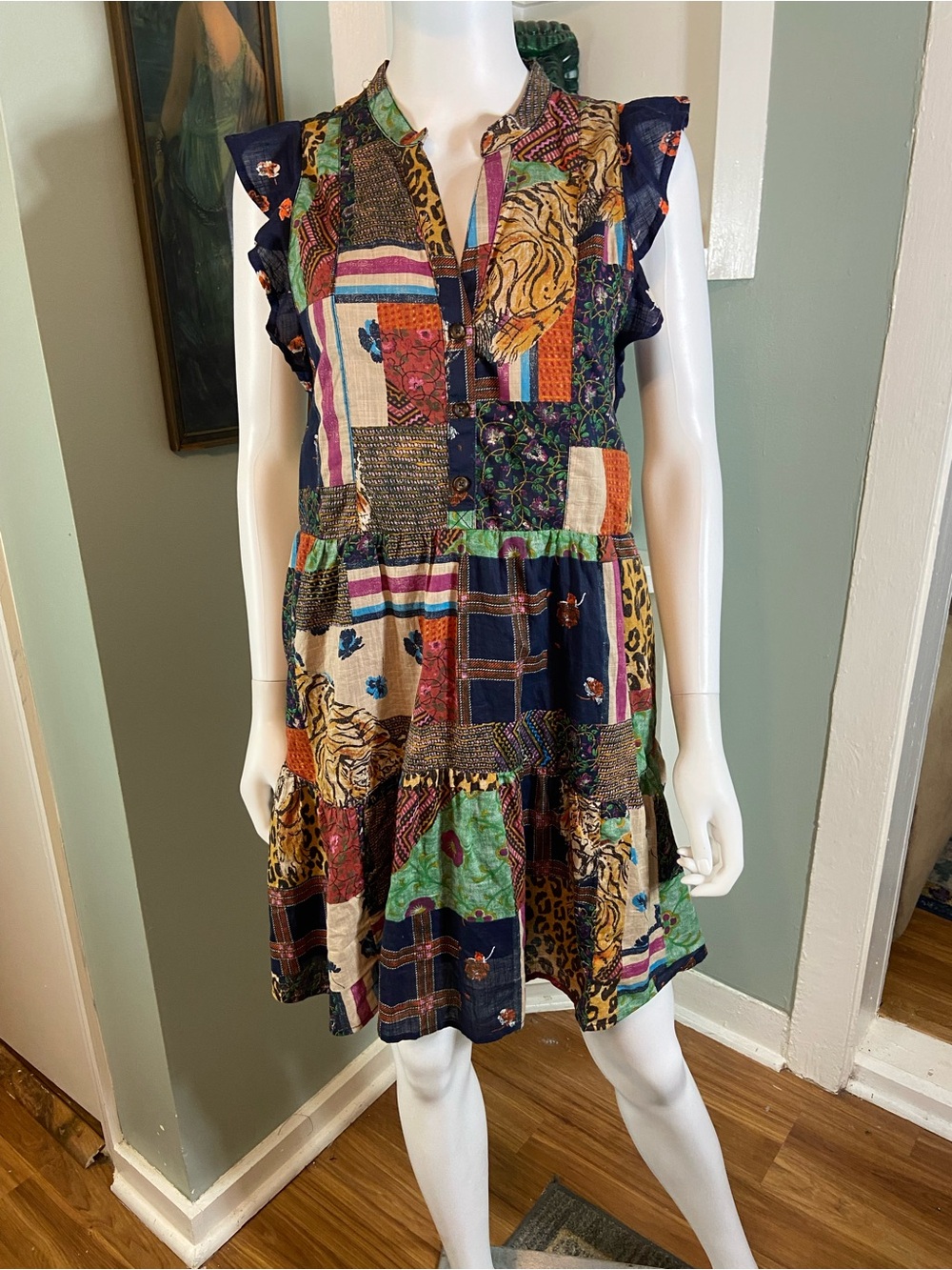 Pilcro Patchwork Tiger Leopard Tiered Mini Babydoll Dress XSmall XS - Picture 6 of 15
